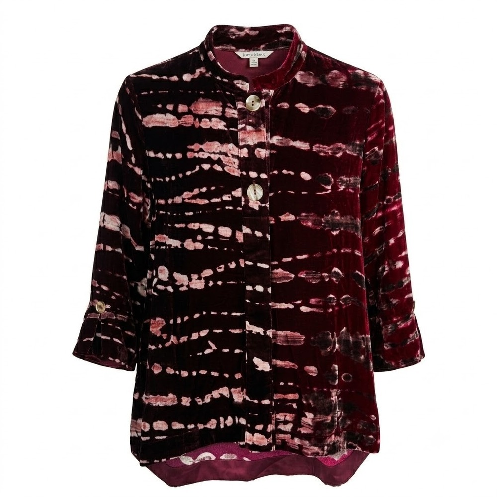 NEW John Mark Womens Medium Velvet Tie Dye Wire Collar Button Shirt Burgundy EAH